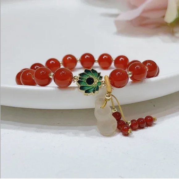 New Gold Plated Glorious Lotus Red Agate Charm Bracelet - Picture 4 of 12
